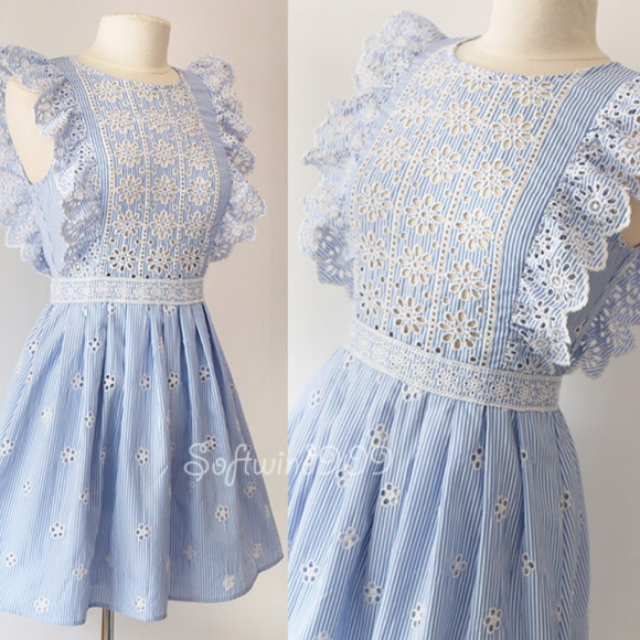 Last☝️ Light Blue Eyelet Embroidered Ruffle Dress - Picture 2 of 8